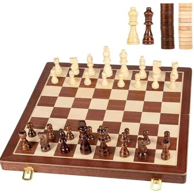 rayihni MAGNETIC WOODEN CHESS & CHECKERS SET (2 IN 1) FOLDING CHESS SET WOODEN BOARD GAME GIFT BOX 24 CHERKERS PIECES & 2 EXTRA QUEENS INTERNATIONAL CHESSBOARD WITH STORAGE SLOT FOR KID ADULT BEGINNER TRAVEL - Image 1